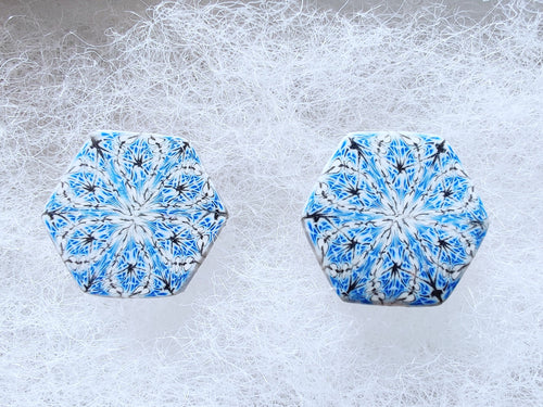 A close up picture of two hexagon shaped earrings with intricate white, silver and blue patterns. 