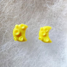 Load image into Gallery viewer, One pair of yellow crescent moon stud earrings with craters
