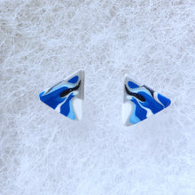 Load image into Gallery viewer, A pair of blue, silver, and white triangular earrings
