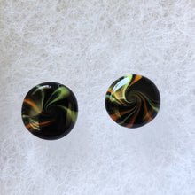 Load image into Gallery viewer, Yellow, black, and orange swirl earrings 
