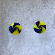 Load image into Gallery viewer, Yellow, blue, and purple swirl earrings
