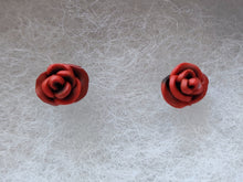 Load image into Gallery viewer, A pair of red and black rose flower earrings
