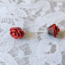 Load image into Gallery viewer, A pair of red and black rose flower earrings
