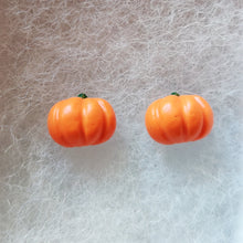 Load image into Gallery viewer, Close up view of pair of flat backed, side view, orange pumpkin earrings.

