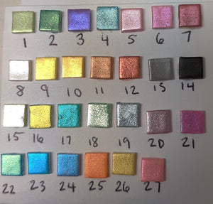 A set of 27 small squares showing various colors available for custom orders